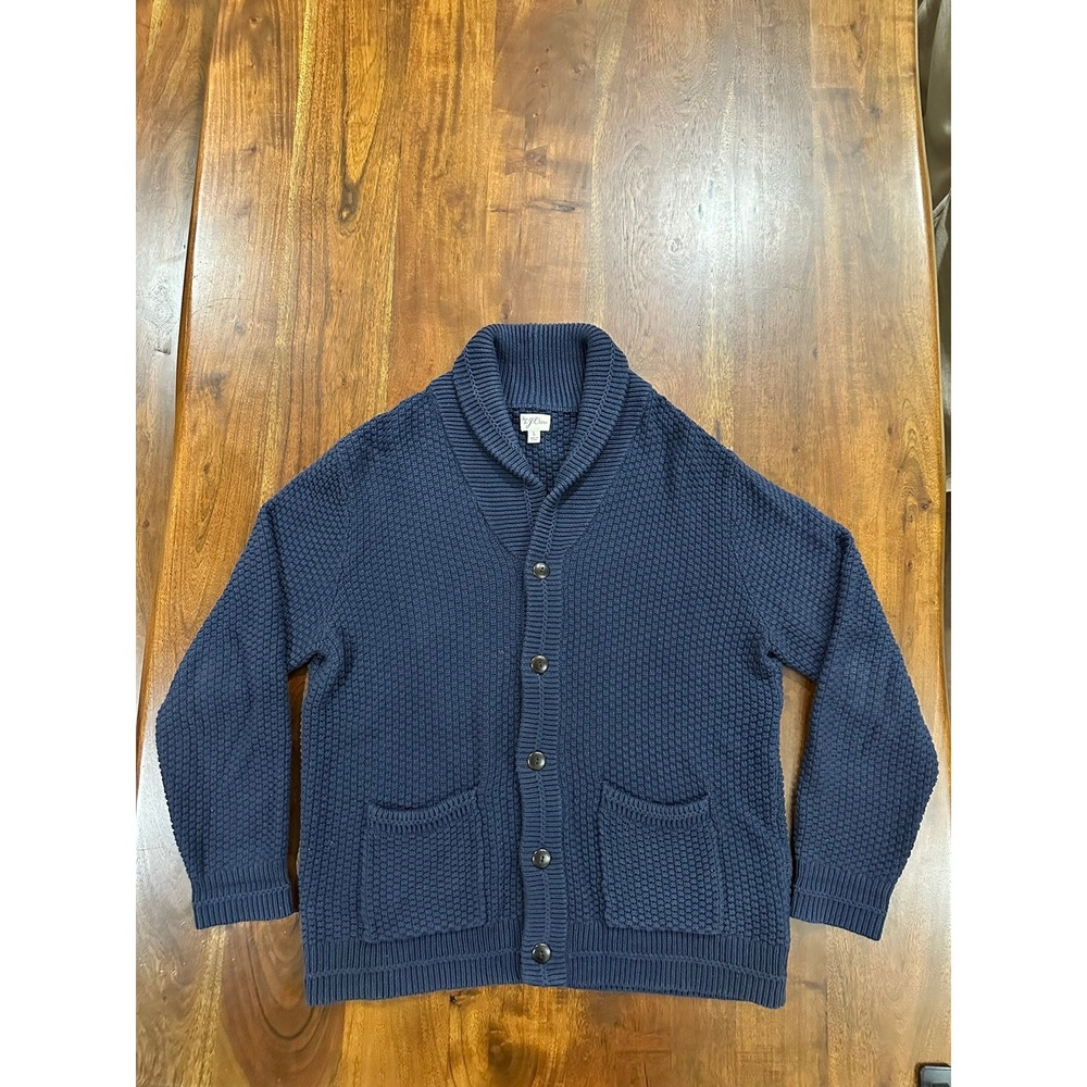 J.Crew BI890 Checker-Stitch Cotton Shawl Cardigan Sweater Navy Size L